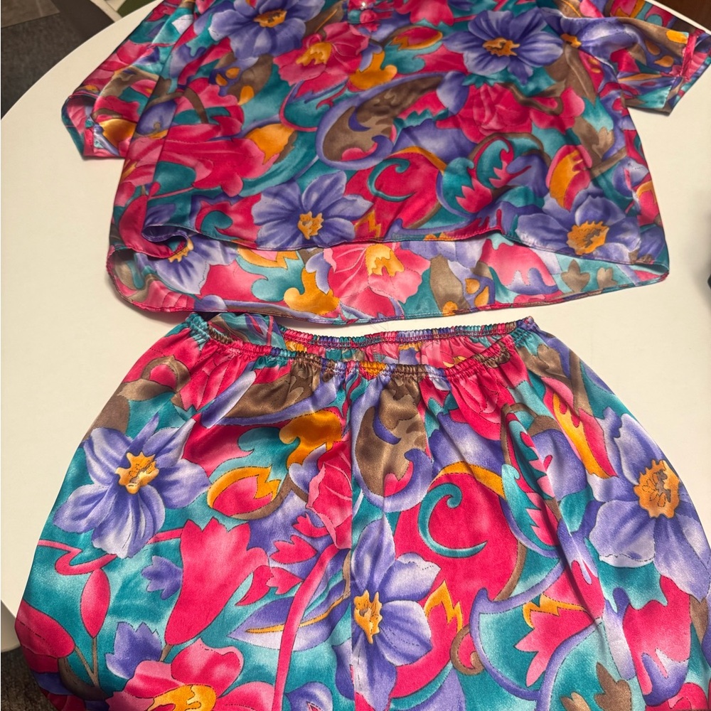 Vintage Floral Satin Pajama Set in Teal, Fuchsia, Purple and Gold
